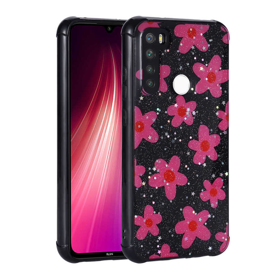 Xiaomi Redmi Note 8 Kılıf Simli Desenli Kamera Korumalı Parlak Zore Popy Kapak Çiçek