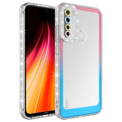 Xiaomi Redmi Note 8 Kılıf Simli ve Renk Geçiş Tasarımlı Lens Korumalı Zore Park Kapak Mavi-Mor