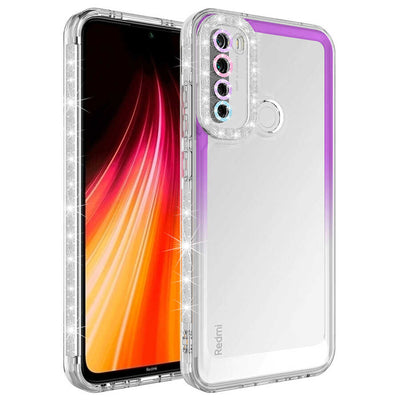 Xiaomi Redmi Note 8 Kılıf Simli ve Renk Geçiş Tasarımlı Lens Korumalı Zore Park Kapak Mor-Beyaz