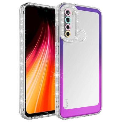 Xiaomi Redmi Note 8 Kılıf Simli ve Renk Geçiş Tasarımlı Lens Korumalı Zore Park Kapak Mor-Pembe