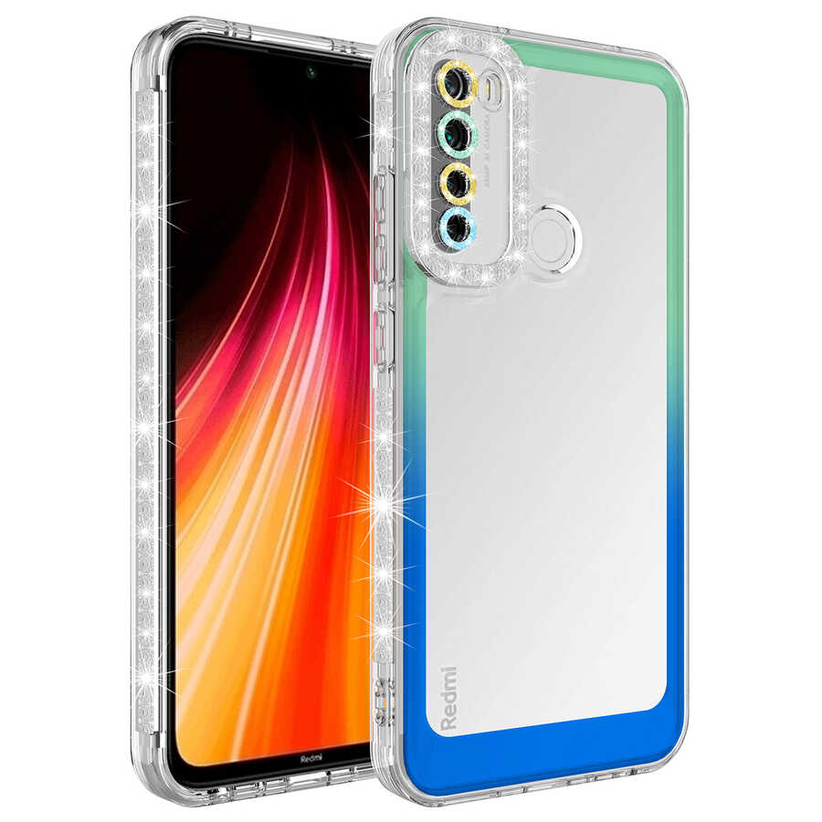 Xiaomi Redmi Note 8 Kılıf Simli ve Renk Geçiş Tasarımlı Lens Korumalı Zore Park Kapak Yeşil-Mavi