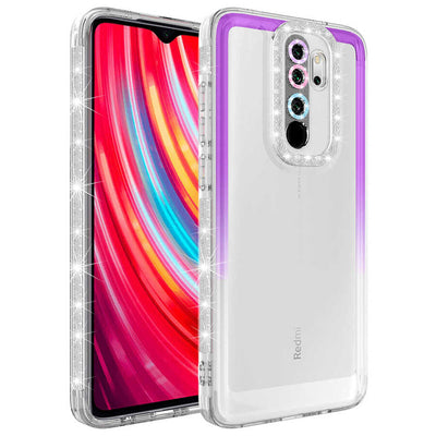 Xiaomi Redmi Note 8 Pro Kılıf Simli ve Renk Geçiş Tasarımlı Lens Korumalı Zore Park Kapak Mor-Beyaz