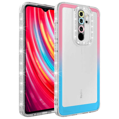 Xiaomi Redmi Note 8 Pro Kılıf Simli ve Renk Geçiş Tasarımlı Lens Korumalı Zore Park Kapak Pembe-Mavi