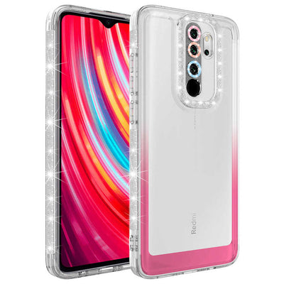 Xiaomi Redmi Note 8 Pro Kılıf Simli ve Renk Geçiş Tasarımlı Lens Korumalı Zore Park Kapak Beyaz-Pembe