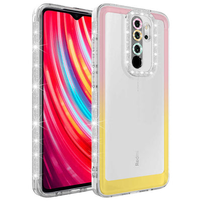 Xiaomi Redmi Note 8 Pro Kılıf Simli ve Renk Geçiş Tasarımlı Lens Korumalı Zore Park Kapak Pembe-Sarı