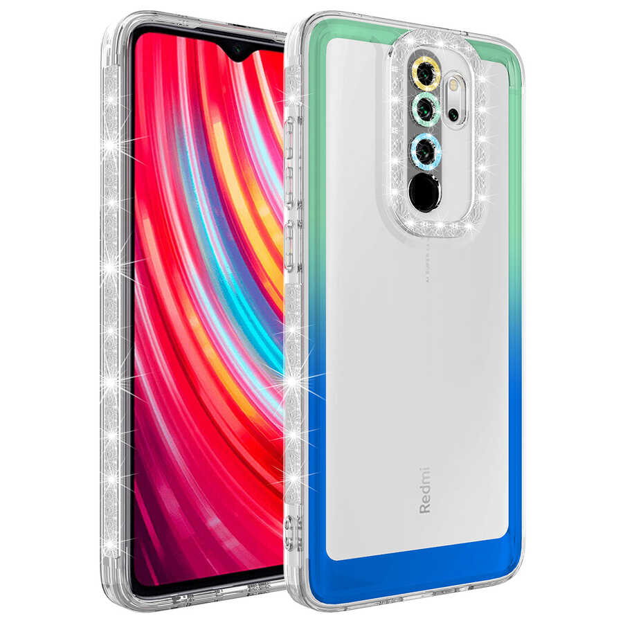 Xiaomi Redmi Note 8 Pro Kılıf Simli ve Renk Geçiş Tasarımlı Lens Korumalı Zore Park Kapak Yeşil-Mavi
