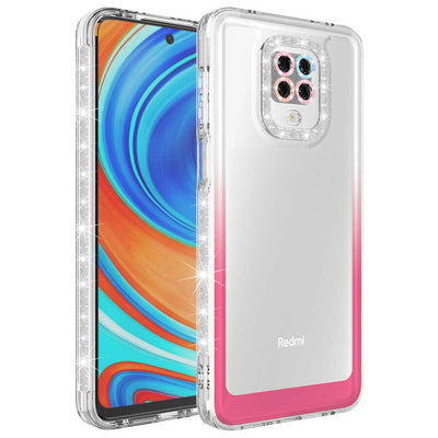 Xiaomi Redmi Note 9 Pro Kılıf Simli ve Renk Geçiş Tasarımlı Lens Korumalı Zore Park Kapak Beyaz-Pembe