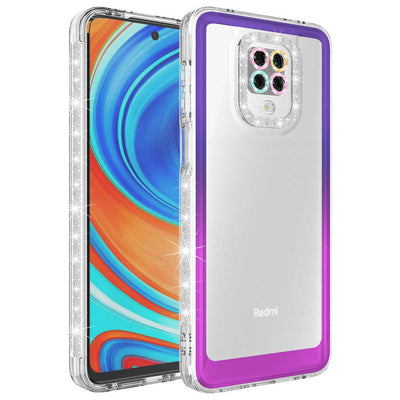 Xiaomi Redmi Note 9S Kılıf Simli ve Renk Geçiş Tasarımlı Lens Korumalı Zore Park Kapak Mor-Pembe