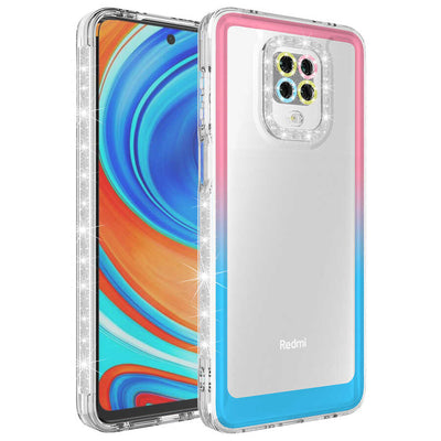 Xiaomi Redmi Note 9S Kılıf Simli ve Renk Geçiş Tasarımlı Lens Korumalı Zore Park Kapak Pembe-Mavi