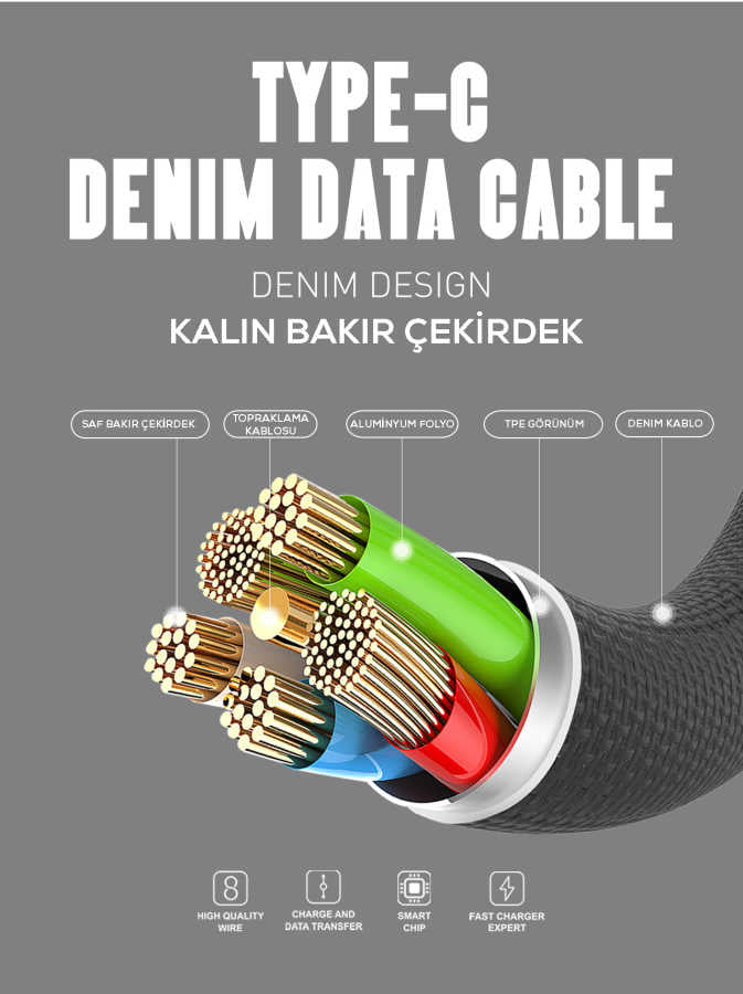 Zore LS63 Type-C Usb Kablo Gri