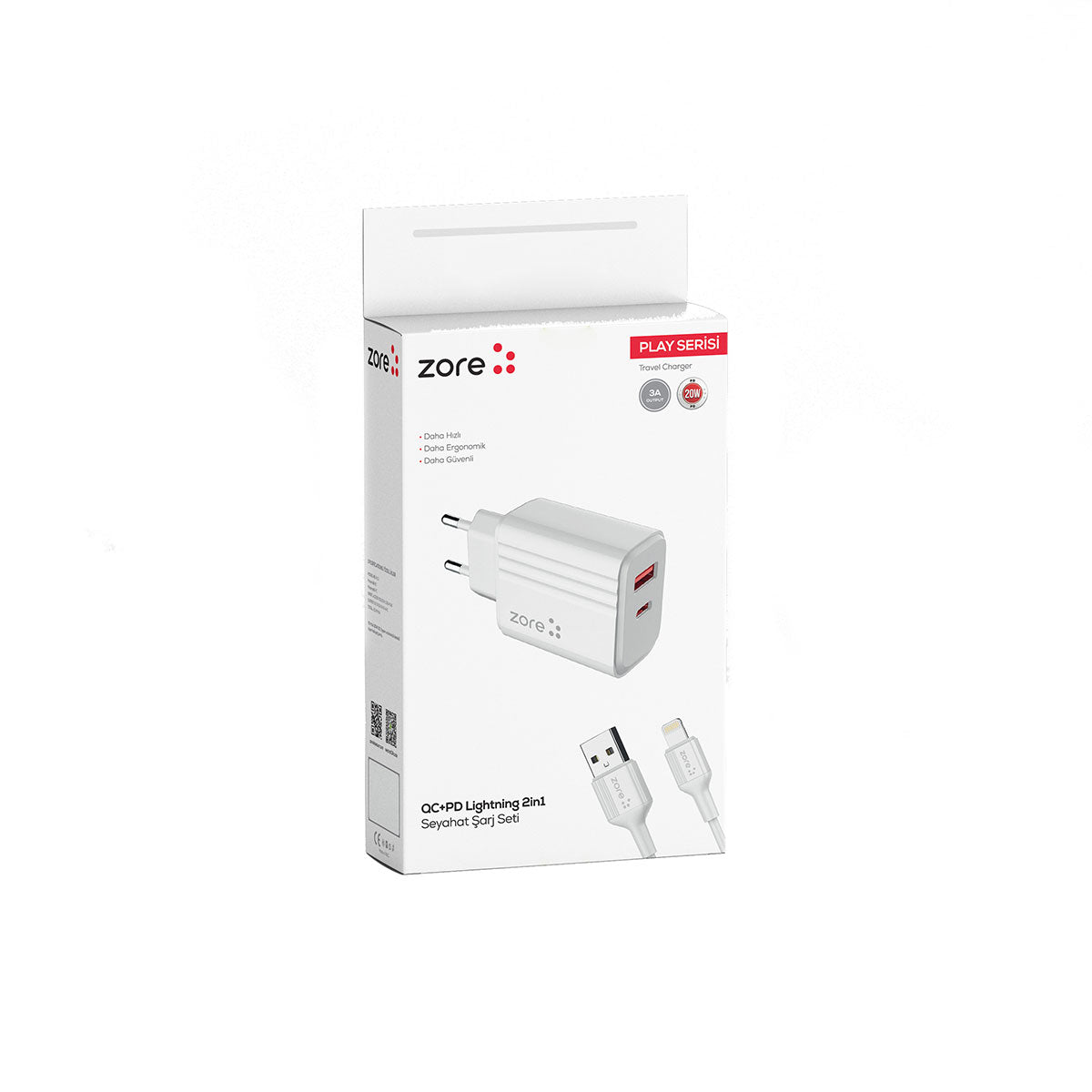 Zore Play Serisi PL05 Lightning 2in1 Seyahat Şarj Aleti 20W Beyaz