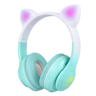 Zore STN-28 Pro Cat Ear Design RGB Light Bluetooth Headphones Green