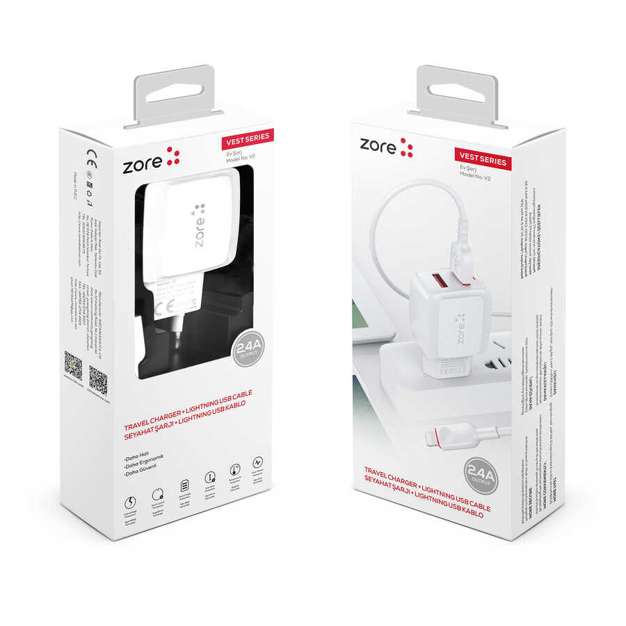 Zore Vest Serisi V2 Lightning 2 in 1 Şarj Seti Beyaz