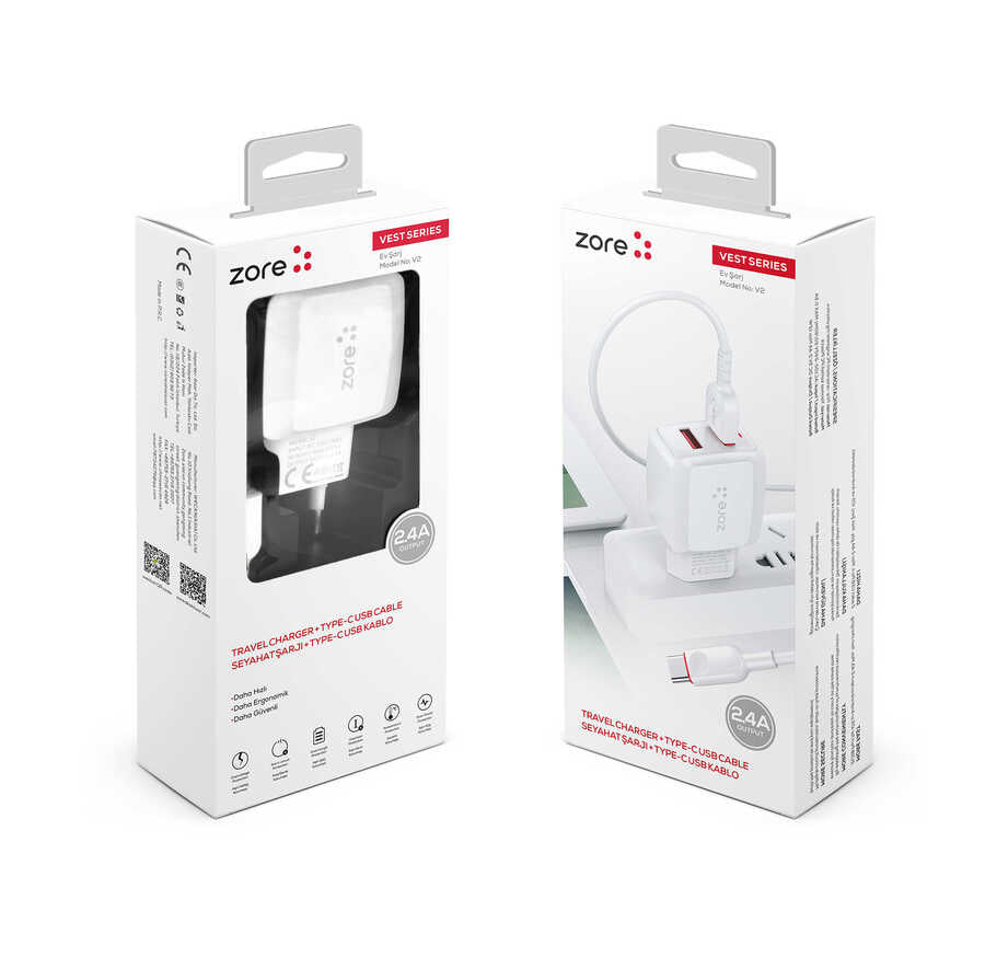 Zore Vest Serisi V2 Type-C 2 in 1 Şarj Seti Beyaz