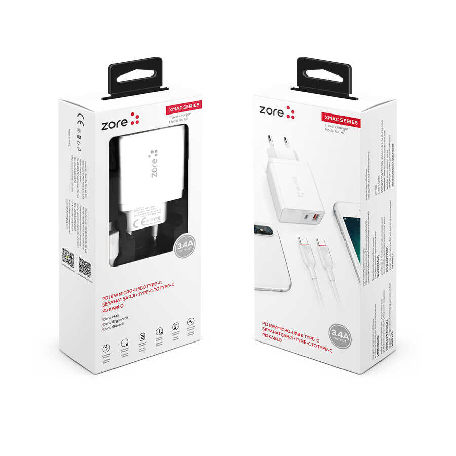 Zore XMac Serisi ZR-X2 PD To Type-C 2 in 1 Şarj Seti Beyaz