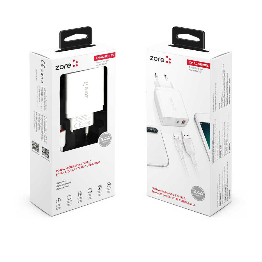 Zore XMac Serisi ZR-X2 Type-C 2 in 1 Şarj Seti Beyaz